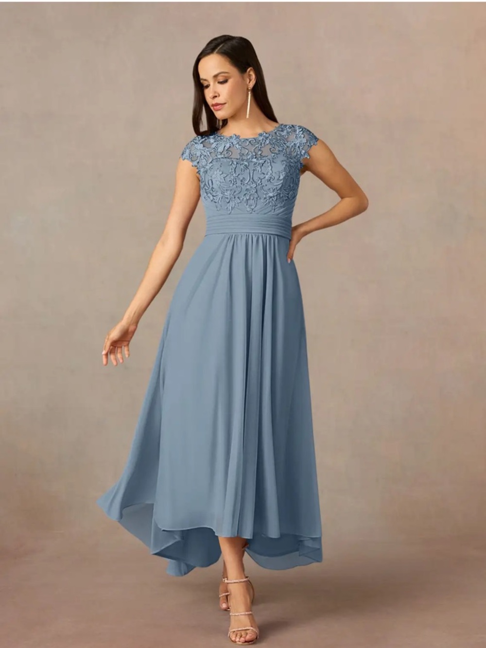 Azazie Dusty Blue High-Low Lace Bodice Bridesmaid Dress